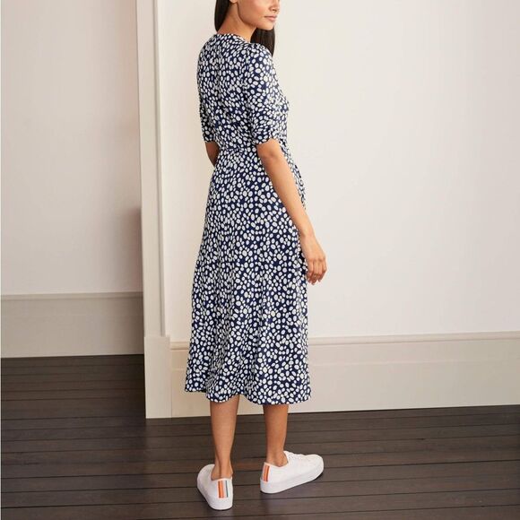 Boden Jane Jersey Midi Dress – Blue Depths Dot Print, V-Neck, Size 2 - Picture 3 of 7